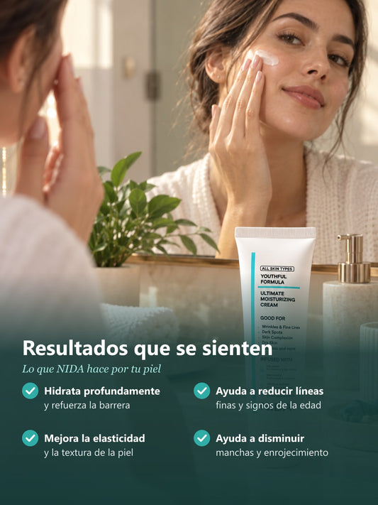 Beneficios de NIDA: hidrata, ayuda a reducir líneas finas, mejora la elasticidad y ayuda a disminuir manchas